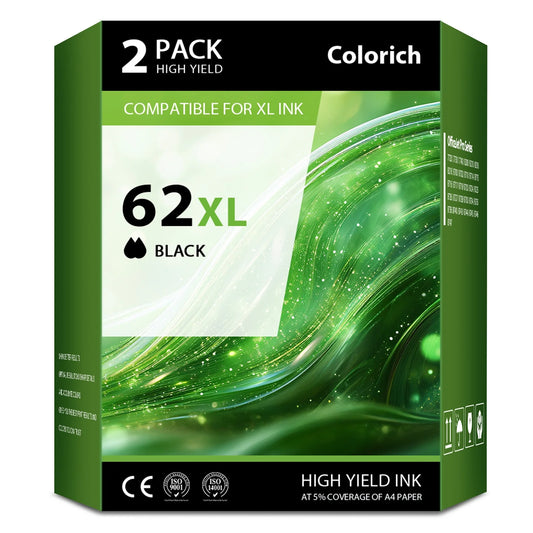 62XL Ink Cartridges Compatible for HP 62 62XL for Envy 5540 5640 5660 7644 5740 5741 8000 OfficeJet 200 250 (2 Pack Black)