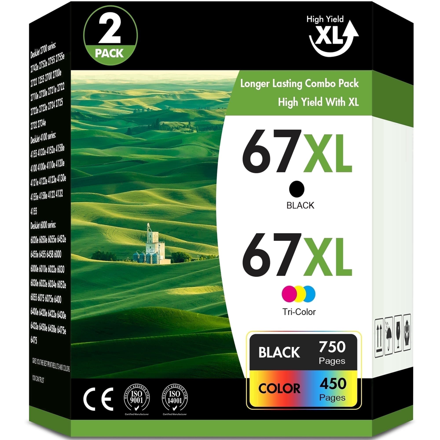 67XL Ink Cartridge 2 Pack Black Tri-Color Compatible for HP 67 67XL Ink DeskJet 2742e ENVY 6458e Printer