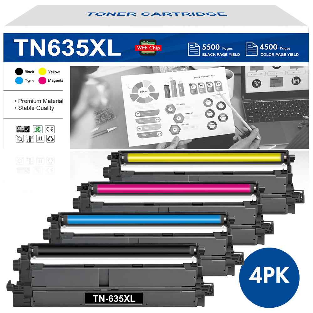 TN635XL TN-635XL High Yield Toner Cartridge Compatible for Brother TN 635XL TN635XL for Brother HL-L8430CDW L8430CDWT L8570CDW MFC-L8730CDW L8930CDW Printer (Black, Cyan, Magenta, Yellow 4-pack)