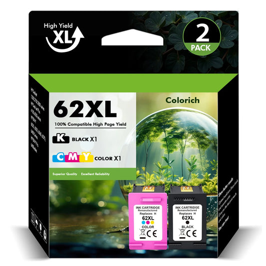 62 62XL Ink Cartridges Compatible for HP 62XL 62 2 Pack for Envy 5540 5640 5660 7644 5740 5741 8000 OfficeJet 200 250 (Black,Tri-color)