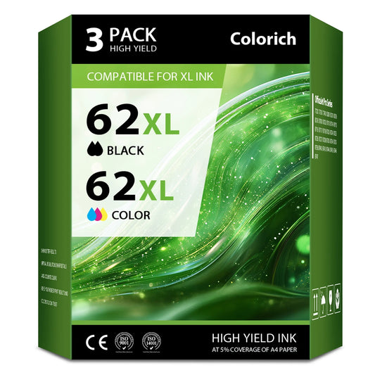 62XL Ink Cartridges Compatible for HP 62 62XL Black and Color for Envy 5540 5640 5660 7644 5740 5741 8000 OfficeJet 200 250 (3 Pack, 2 x Black, Tri-color)