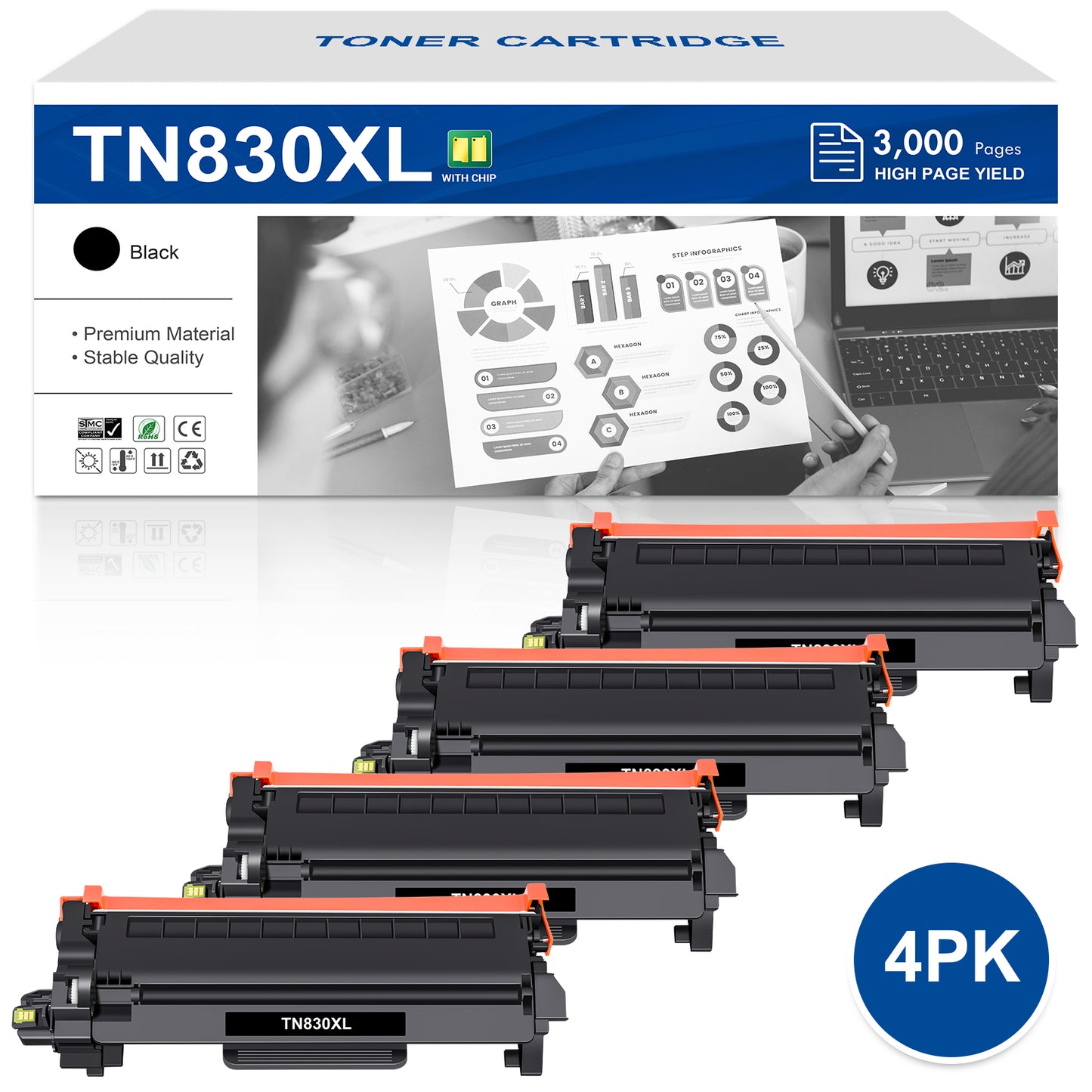 TN830XL TN830 Toner Cartridge Compatible for Brother TN830XL Toner for Brother DCP-L2640DW HL-L2460DW HL-L2405W Toner black 4-Pack