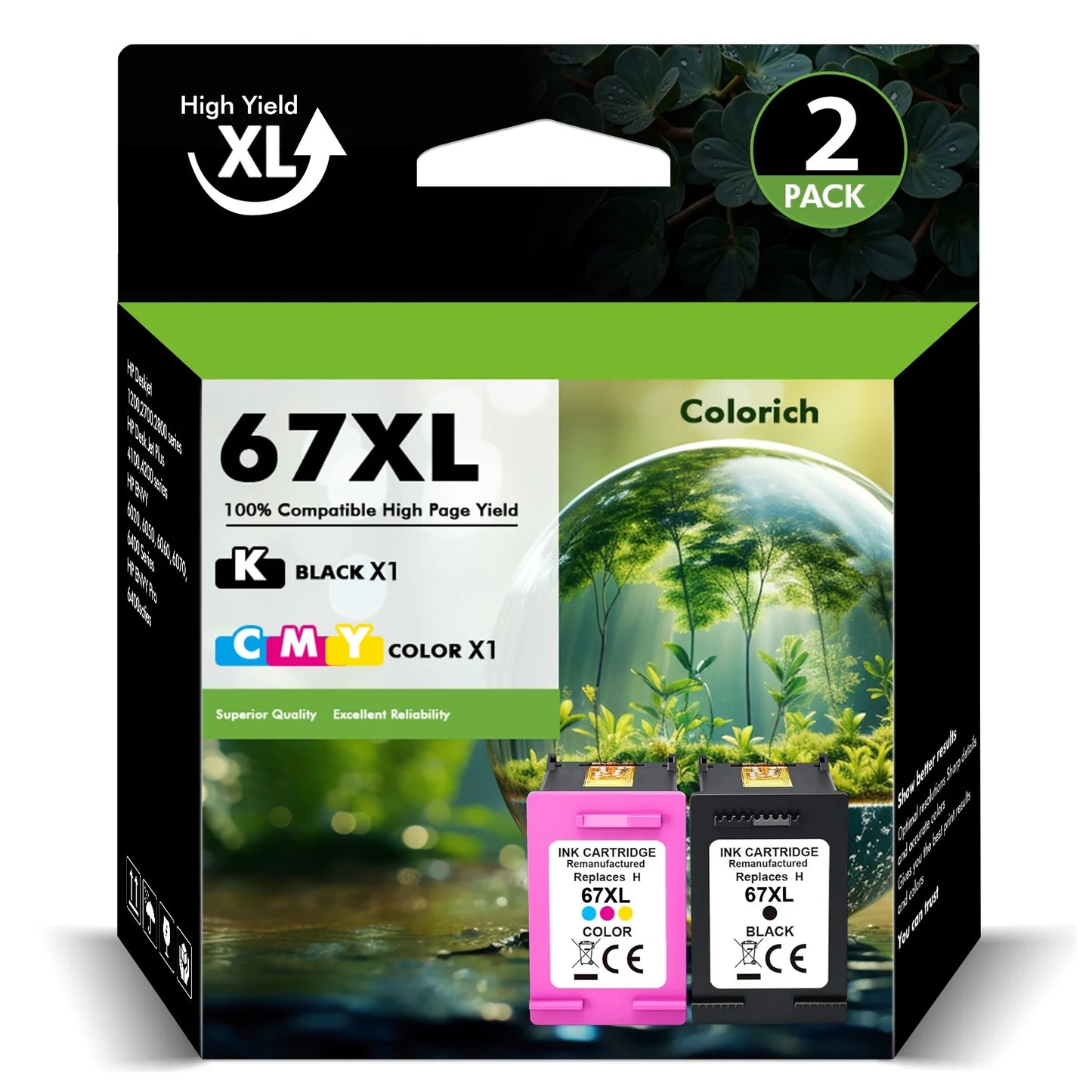 67 67XL Ink Cartridges Compatible for HP 67XL 67 2 Pack for OfficeJet 2755 4155 2722 2723 2724 2725 2732 Envy 6055 6455 6458 6475 Printer Ink (Black,Tri-color)