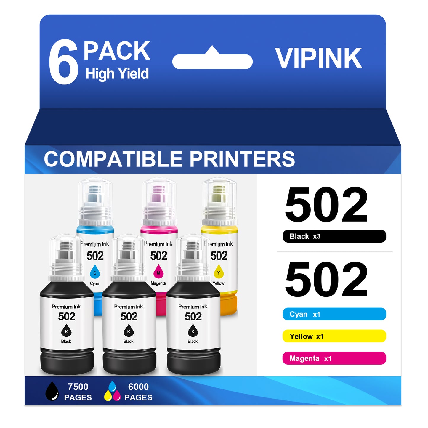 502 Ink Bottle Compatible with Epson 502 Ink Bottles for EcoTank ET-4760 3850 Printer(3*Black Cyan Magenta Yellow, 6 Pack)