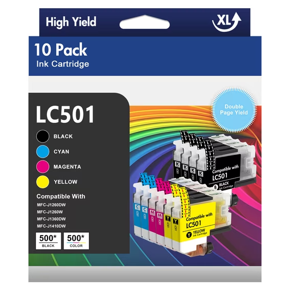 LC501 Ink Cartridges Compatible for Brother LC501 LC501XL Ink Cartridges for MFC-J1360DW MFC-J1260W MFC-J1410DW Printer (10 Pack)