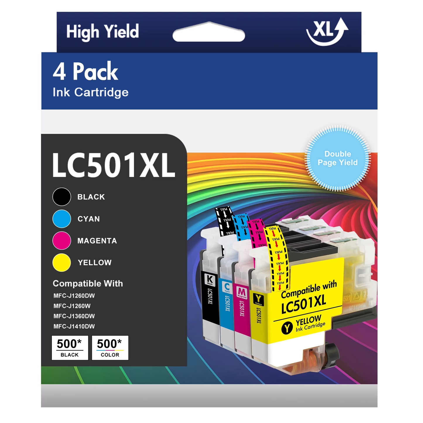 LC501XL LC501 Ink Cartridges High Yield Compatible for Brother LC501 Ink Cartridges LC501XL LC 501 XL Work with Brother MFC-J1360DW MFC-J1410DW MFC-J1260W Printer Ink (Black Cyan Magenta Yellow, 4P)