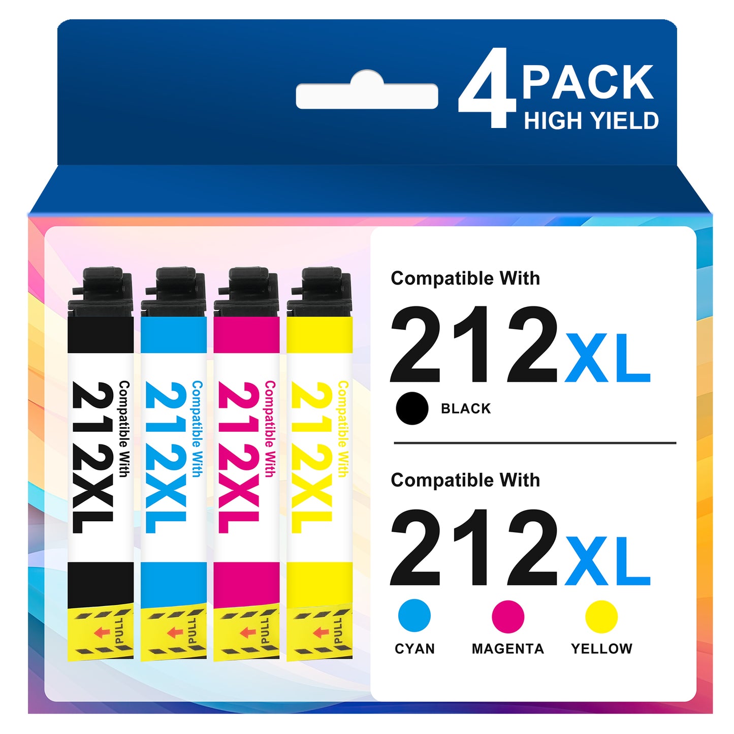 212XL Ink Cartridges 4-Pack, Compatible for Epson 212XL 212 Printer Ink Combo Pack for WorkForce WF-2850 WF-2830 Expression Home XP-4100 XP-4105 (Black, Cyan, Magenta, Yellow)