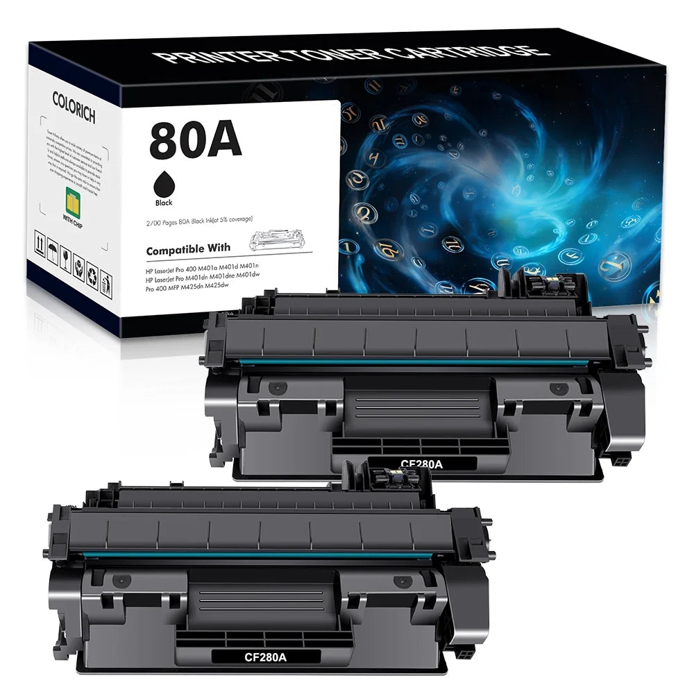 80A Toner Cartridges Black Compatible for HP 80A CF280A M401DN 80X CF280X Laserjet Pro 400 M401DN M401N M401DNE MFP M425DN M425DW M401 M425 Printer Ink 2-Pack | CF280AD1