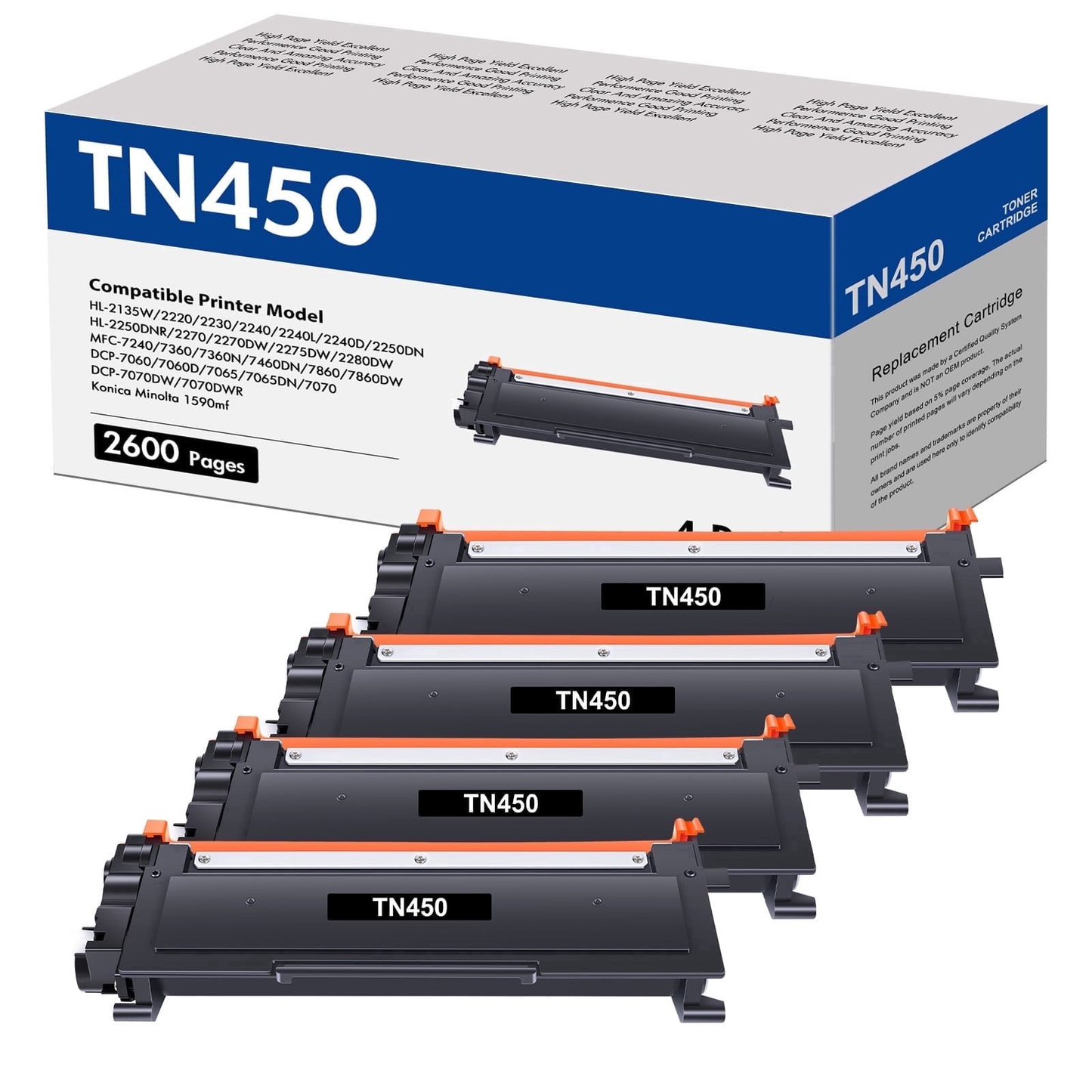 TN450 Toner Cartridge Compatible for Brother TN450 TN-450 TN420 TN-420 for HL-2270DW HL-2280DW HL-2240 MFC-7860DW MFC-7360N DCP-7065DN MFC-7860DW Printer Ink (4-Pack, Black)