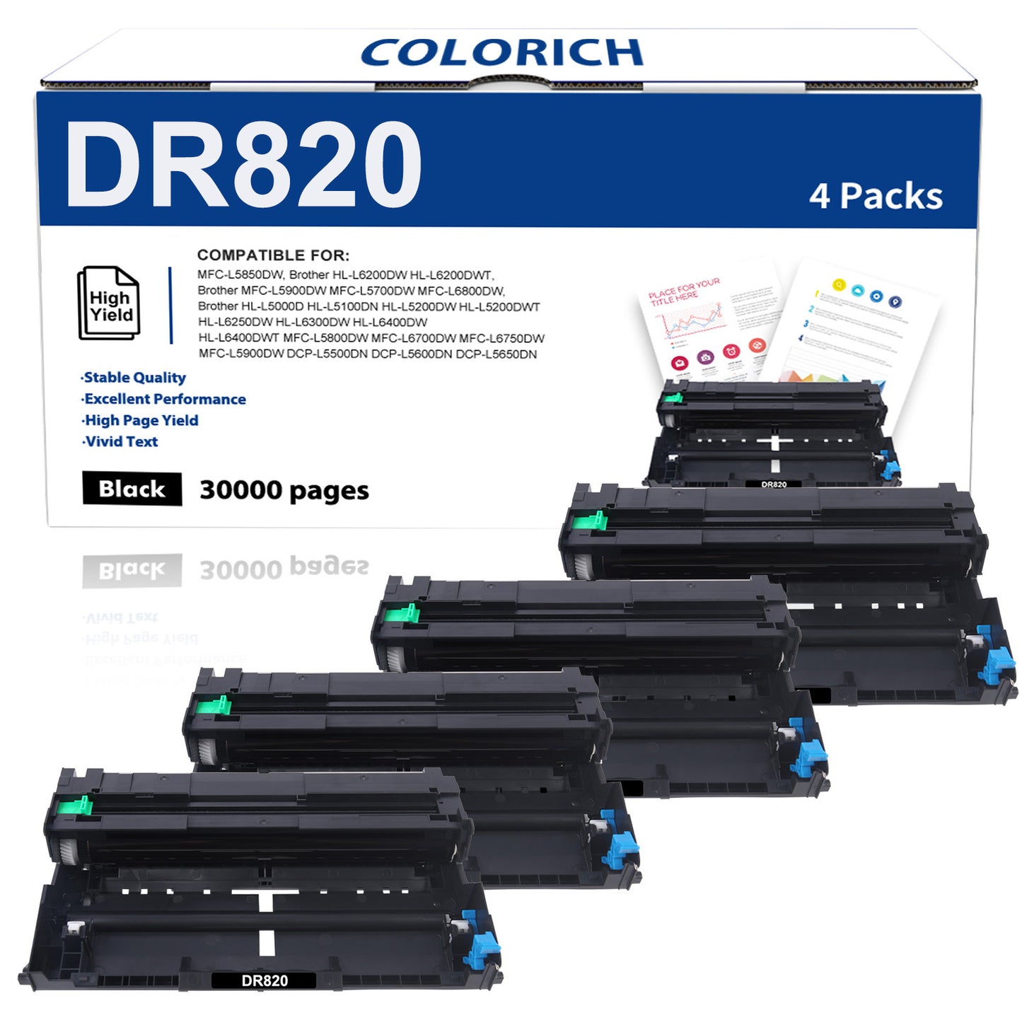 Colorich Compatible Drum Unit for Brother DR820 DR-820 DR 820 HL-L6200DW MFC-L5850DW MFC-L5900DW MFC-L6700DW MFC-L5800DW HLL6200DW HL-L5200DW HLL5100DN Printer (Black, 4-Pack)