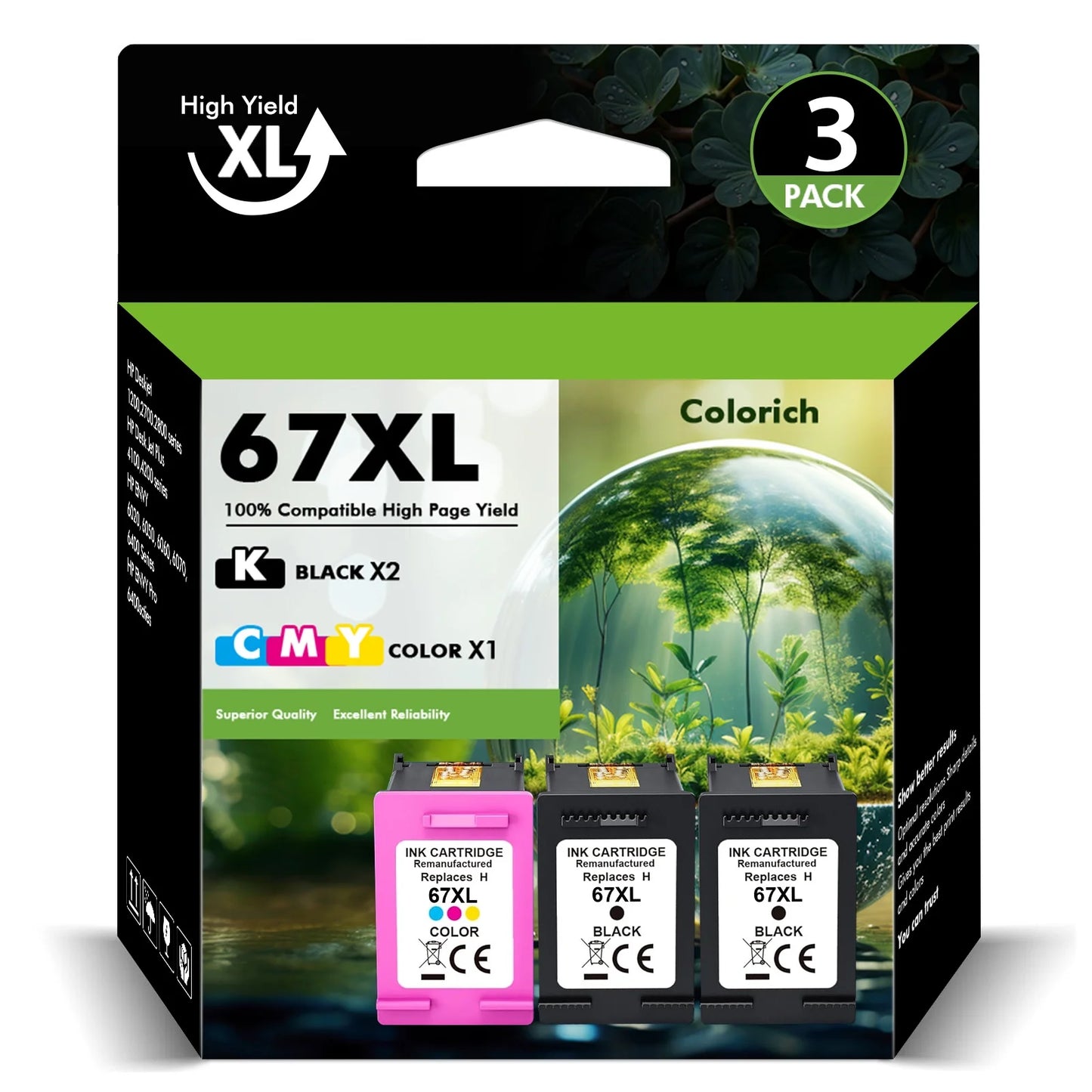 67 67XL Ink Cartridges Compatible for HP 67XL 67 3 Pack for OfficeJet 2755 4155 2722 2723 2724 2725 2732 Envy 6055 6455 6458 6475 Printer Ink (2 x Black,Tri-color)
