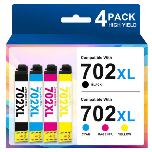 702XL Ink Cartridges 4-Pack Replacement for Epson 702XL Ink 702 T702XL Combo Pack for Workforce Pro WF-3720 WF-3730 WF-3733 WF-3725 Printer (Black Cyan Magenta Yellow)