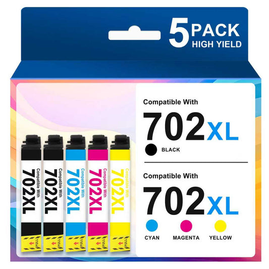 702XL Ink Cartridges 5-Pack Replacement for Epson 702XL Ink 702 T702XL Combo Pack for Workforce Pro WF-3720 WF-3730 WF-3733 WF-3725 Printer (Black Cyan Magenta Yellow)