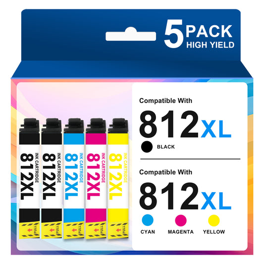 5-Pack 812XL Ink Cartridges Compatible for Epson 812 Ink Cartridges for Epson Workforce Pro WF-7820 WF-7840 WF-7310 Combo Pack