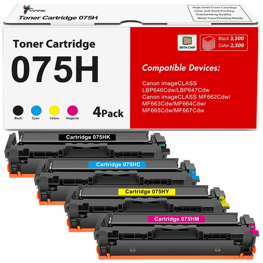 075H 075 Toner Cartridge with Chip Compatible for Canon 075H 075 Toner Cartridge Set for Canon imageCLASS LBP646Cdw LBP647Cdw MF663Cdw MF665Cdw Printer (Black, Cyan, Magenta, Yellow)