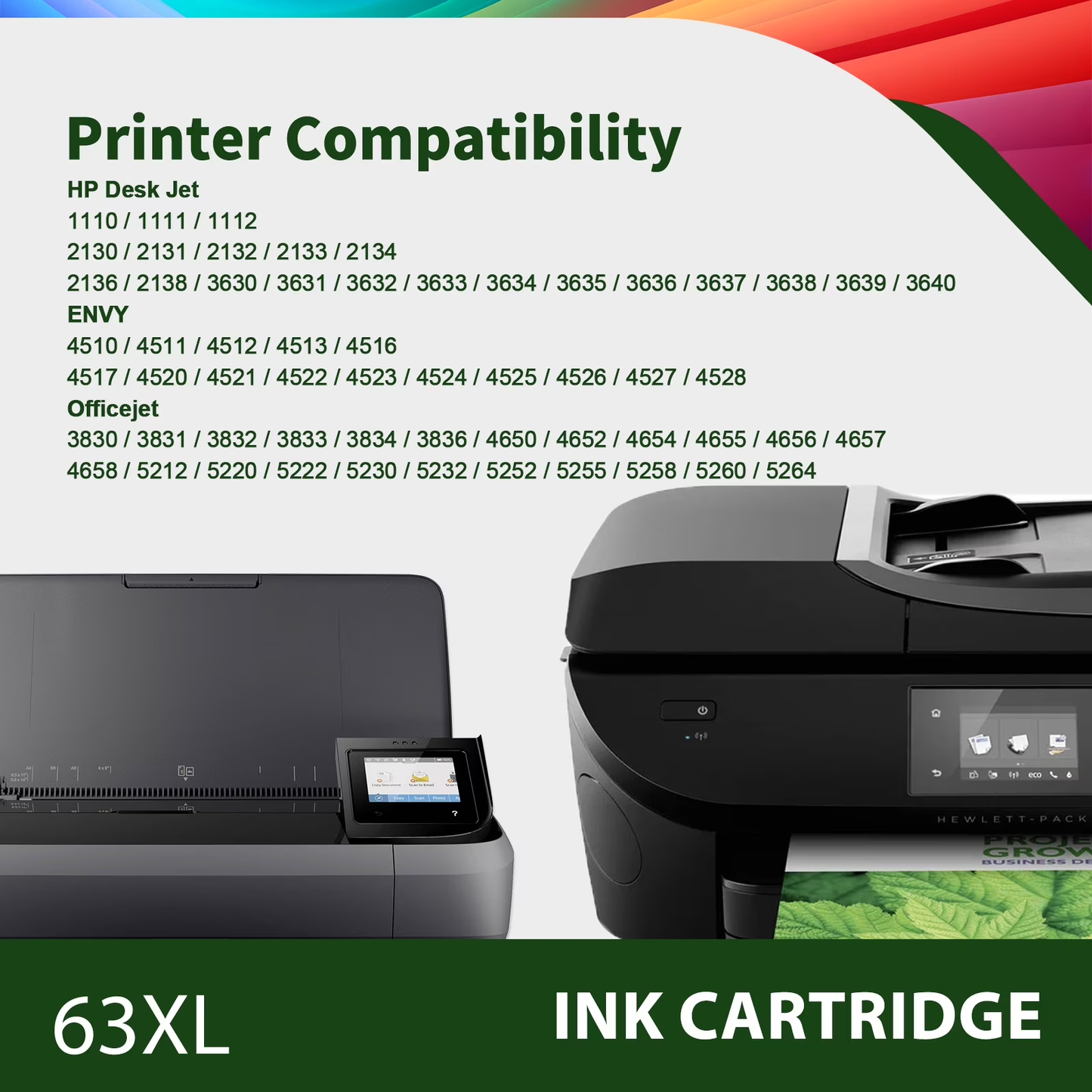 63XL Ink Cartridges 63 63XL Color Ink for Envy 4510 4520 Compatible for OfficeJet 4650 4655 3830 5255 5258 Deskjet 3630 3632 1112 2132 2130 HP63XL (2 Pack Tri-color)