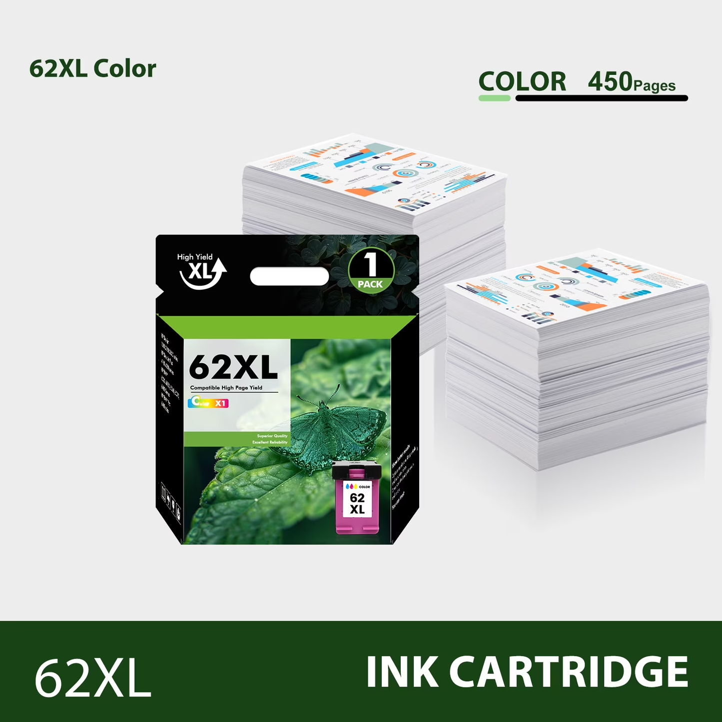62XL Ink Cartridge Compatible for 62 XL Ink for Envy 5660 7645 7640 5740 OfficeJet 250 Printer Ink 62 (2 Tri-color)