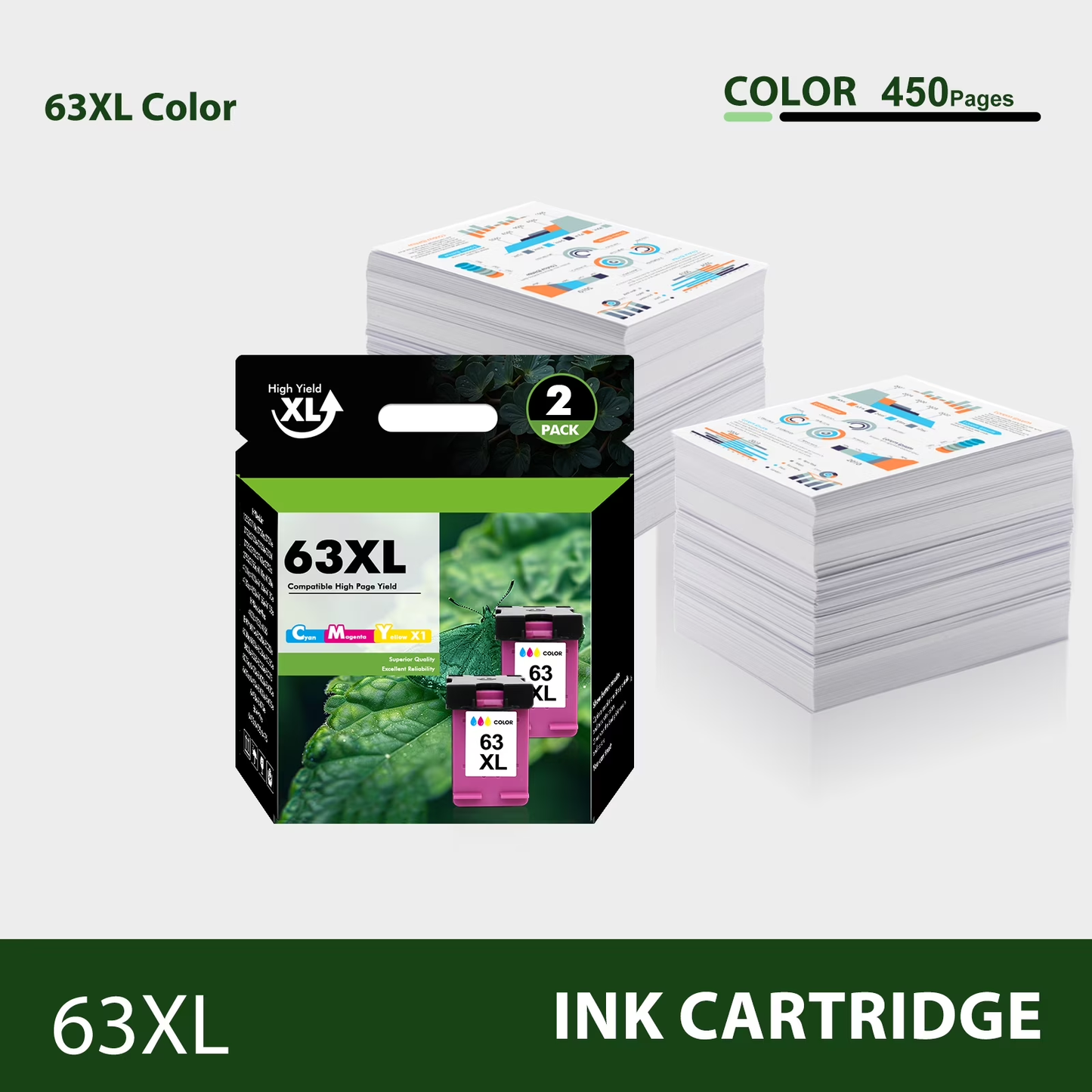 63XL Ink Cartridges 63 63XL Color Ink for Envy 4510 4520 Compatible for OfficeJet 4650 4655 3830 5255 5258 Deskjet 3630 3632 1112 2132 2130 HP63XL (2 Pack Tri-color)