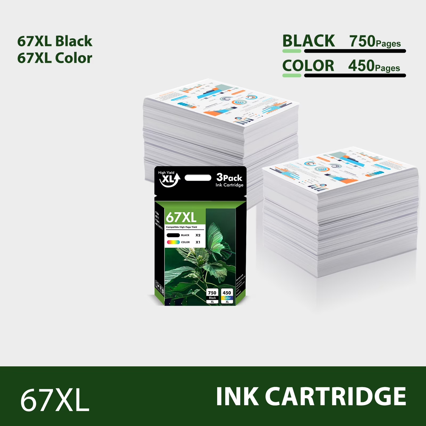 67XL Ink Cartridges 67 Ink Cartridges DeskJet 2755e 2855e 4155e 4255e 6055e 6065e (3 PACK)