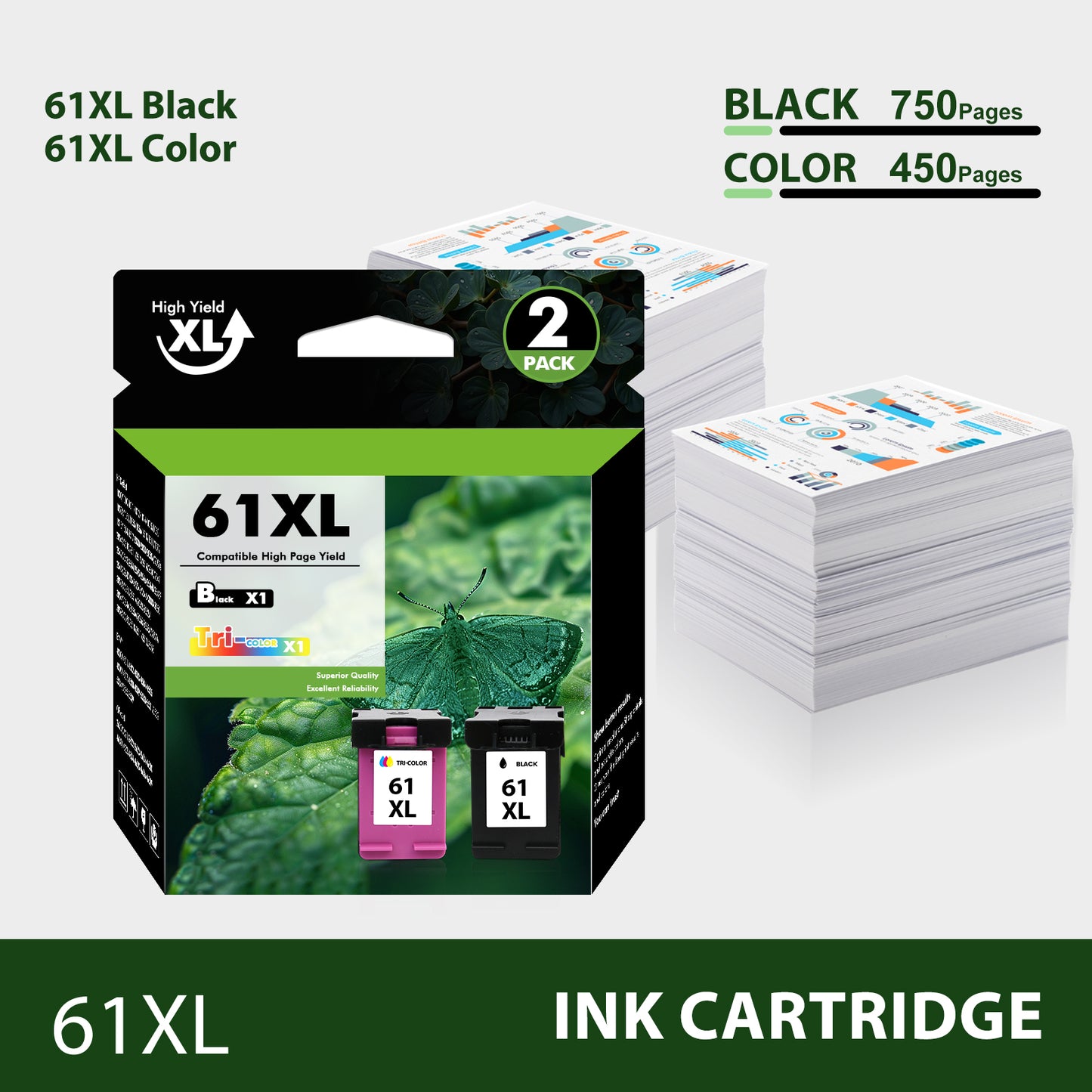 61 Ink Cartridge Compatible for HP 61XL Black and Color Ink for Envy 4500 5530 4502 Officejet 4630 4635 DeskJet 1000 1010 2050 2510 Printer (2-Pack)