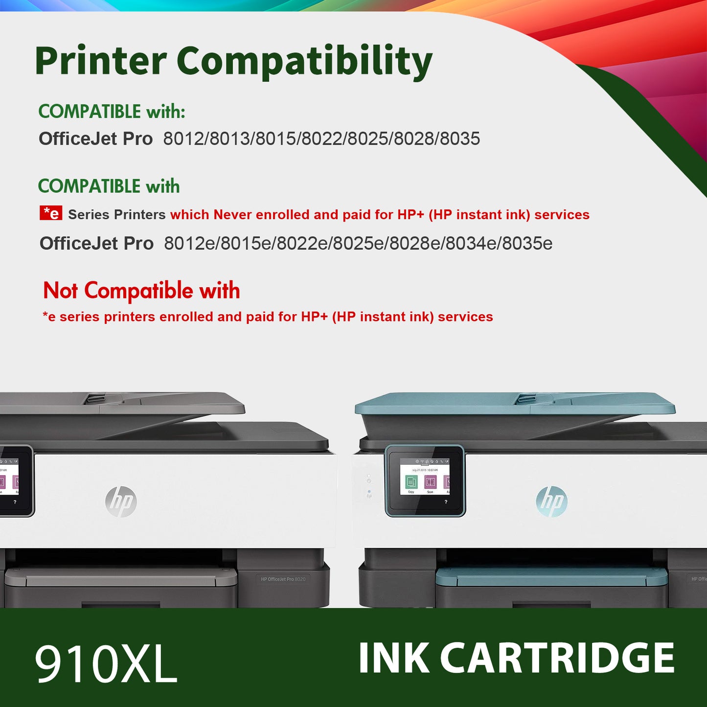 910XL Ink Cartridges Compatible for HP 910XL Printer Ink Combo Pack for HP OfficeJet Pro 8020 8025 8028 8035 8030 8030 8010 8015 8018 8022 Printer (Black, Cyan, Magenta, Yellow,4-Pack)