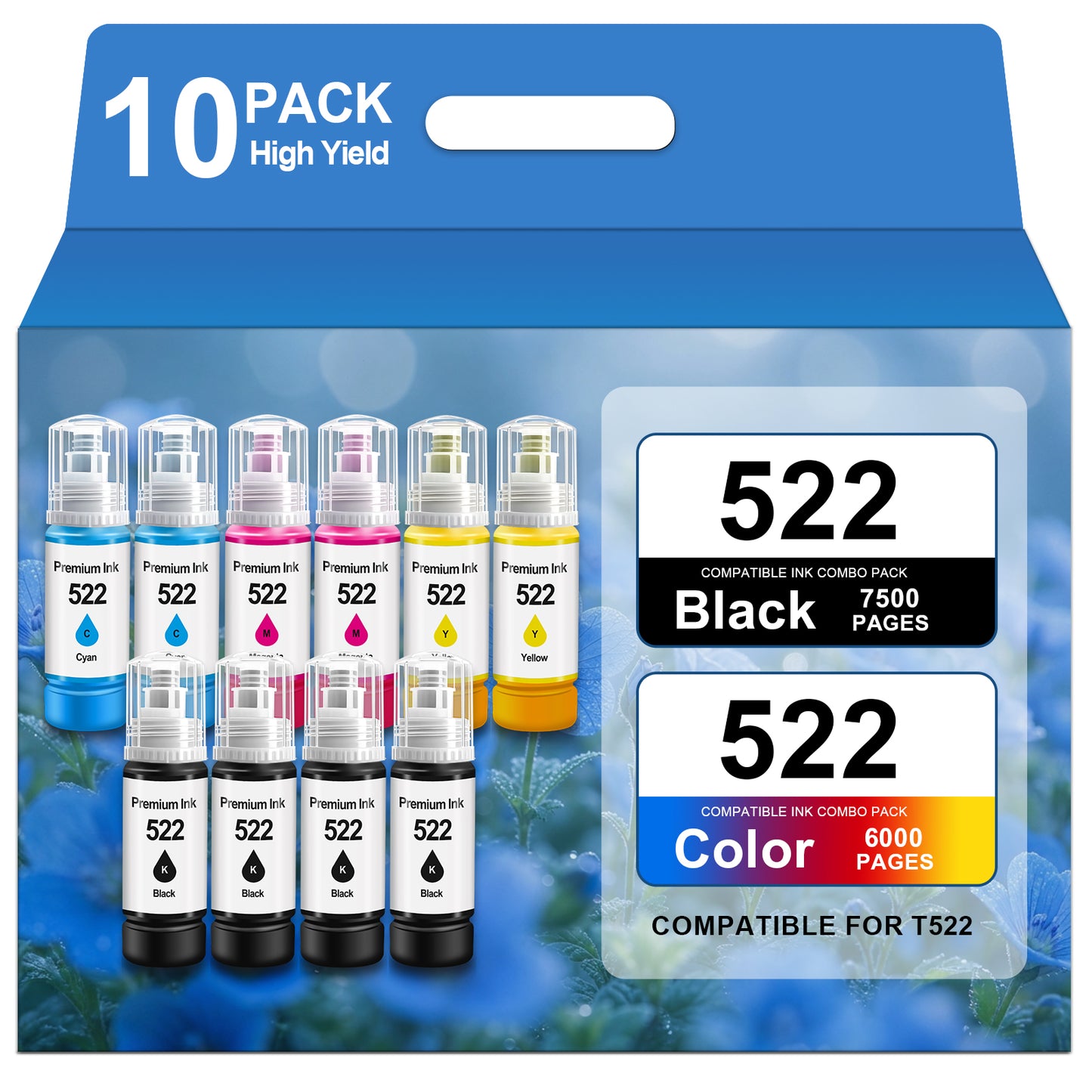 T522 522 Ink Refill Bottles Compatible for Epson 522 ink Refill for EcoTank ET-2800 ET-2803 ET-4800 ET-2720 ET-4700 printer (10 Pack, 4Black, 2Cyan, 2Magenta, 2Yellow)