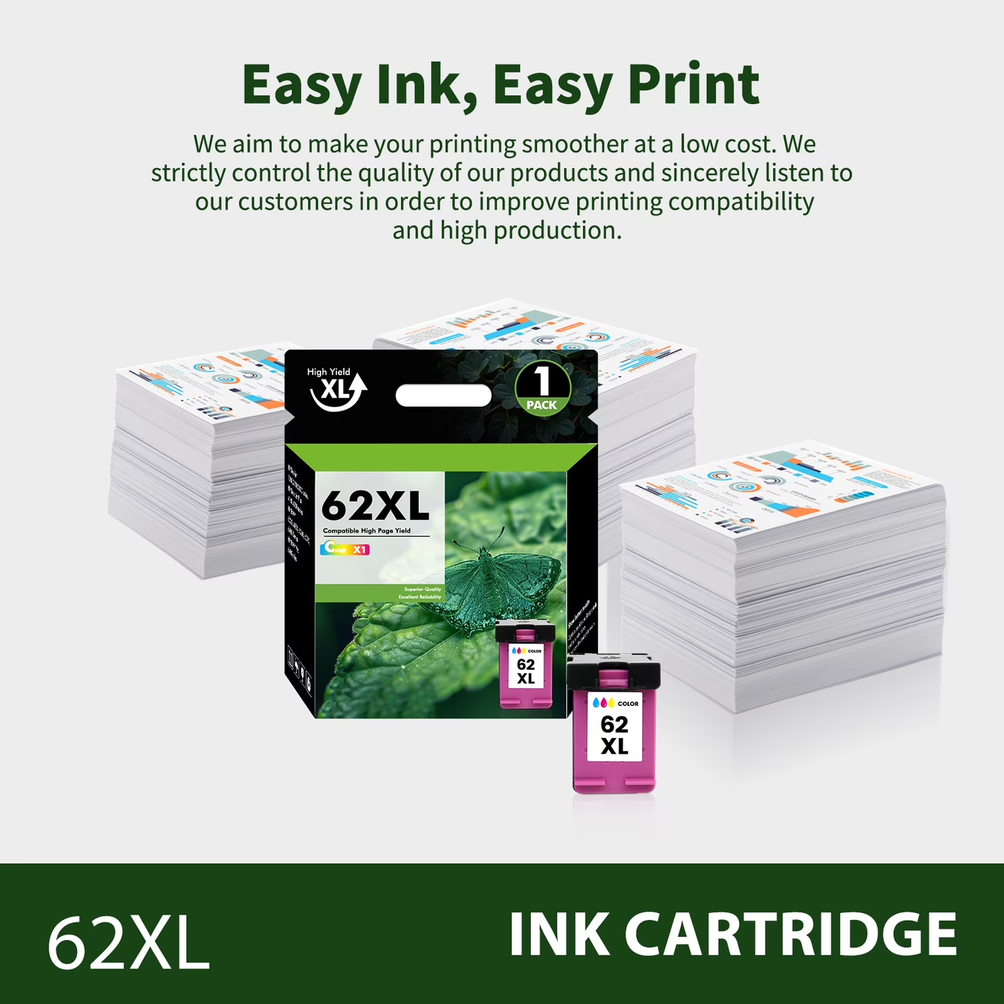 62XL Ink Cartridge Compatible for 62 XL Ink for Envy 5660 7645 7640 5740 OfficeJet 250 Printer Ink 62 (2 Tri-color)