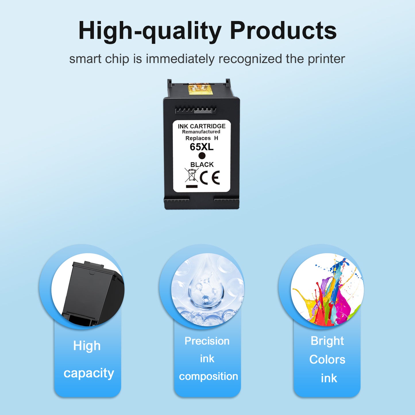 65 65XL Ink Cartridges Compatible for HP 65XL 65 1 Pack Black Ink for Envy 5055 5052 5058 Deskjet 3755 2655 2652 3722 2622 2624 2620 (1 Black)