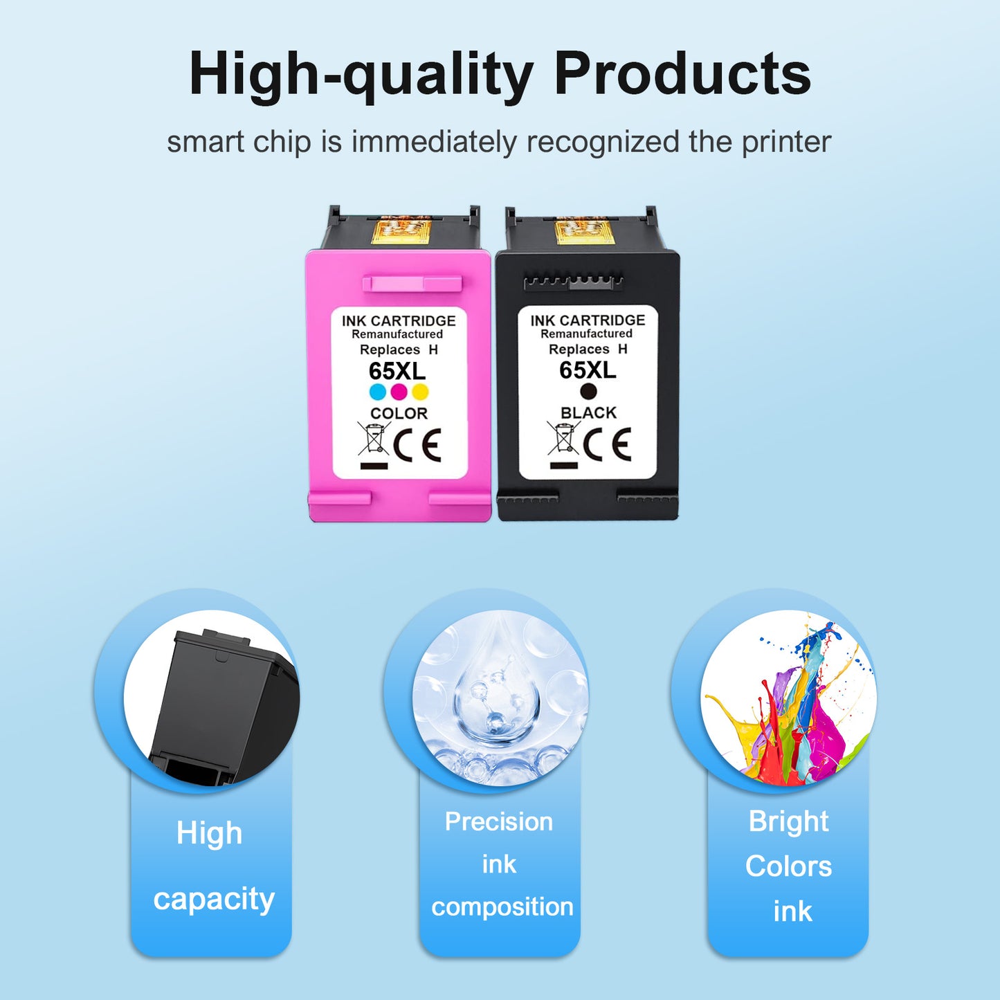65XL Ink Cartridges Compatible for HP 65 65XL Black and Color for Envy 5055 5052 5058 Deskjet 3755 2655 2652 3722 2622 2624 2620 (3 Pack, 2 x Black, Tri-color)