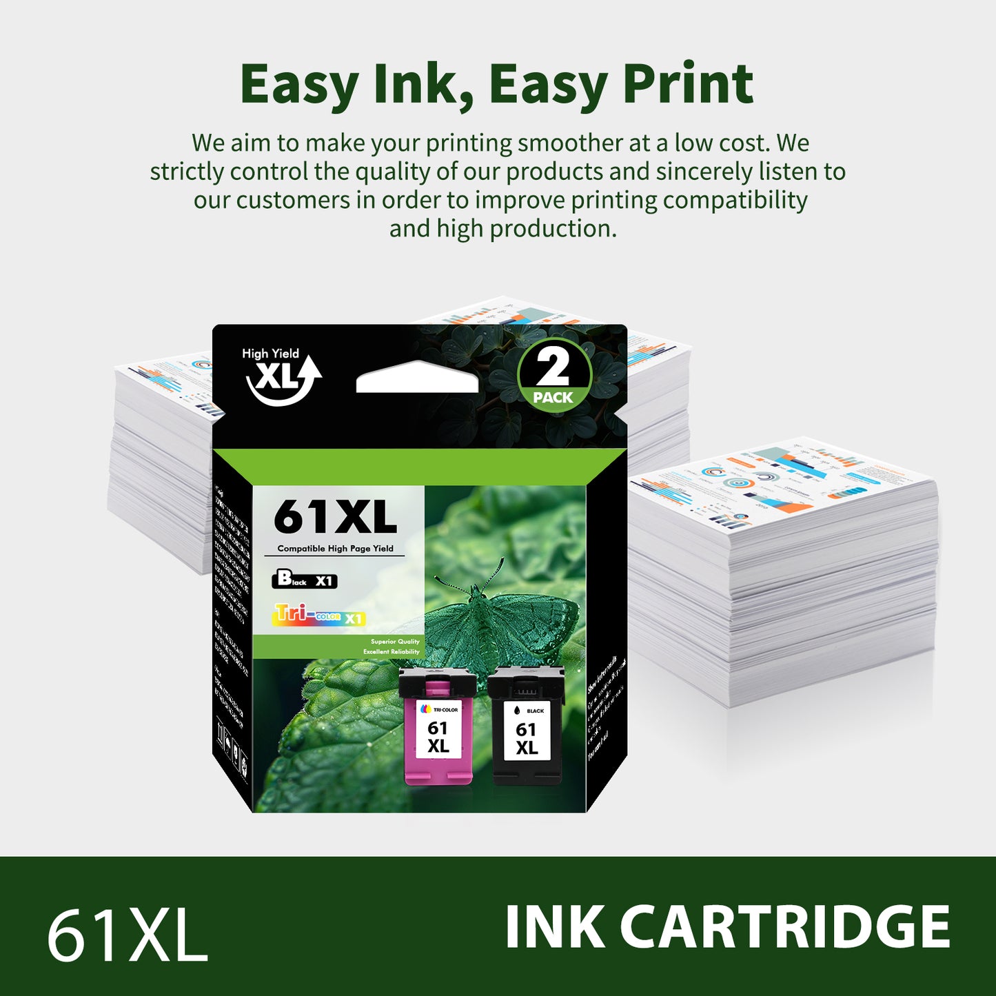 61 Ink Cartridge Compatible for HP 61XL Black and Color Ink for Envy 4500 5530 4502 Officejet 4630 4635 DeskJet 1000 1010 2050 2510 Printer (2-Pack)