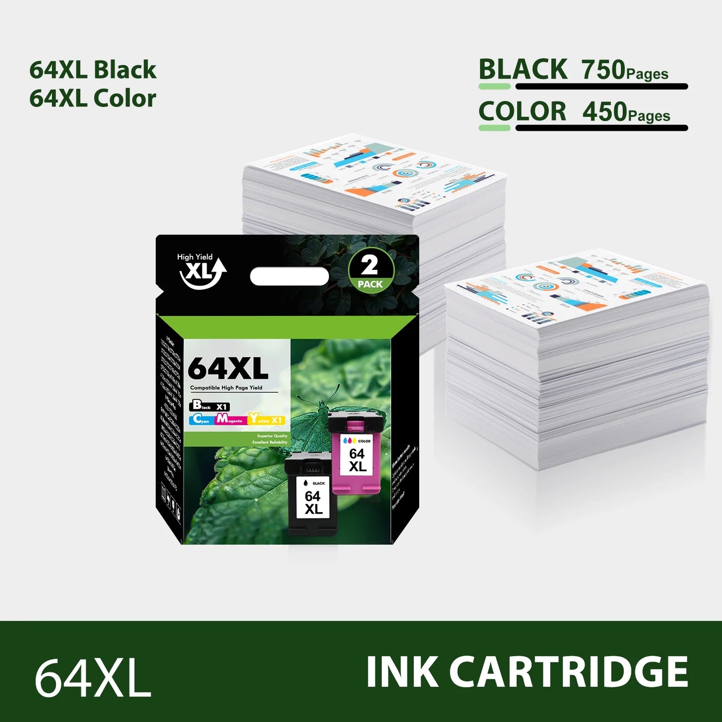 64XL Ink Cartridges Compatible for HP 64 64XL Black and Color for Envy Photo 7855 7858 7155 7120 7800 6255 6252 7158 7164 Printer (1 Pack Black, 1 Pack Tri-color)