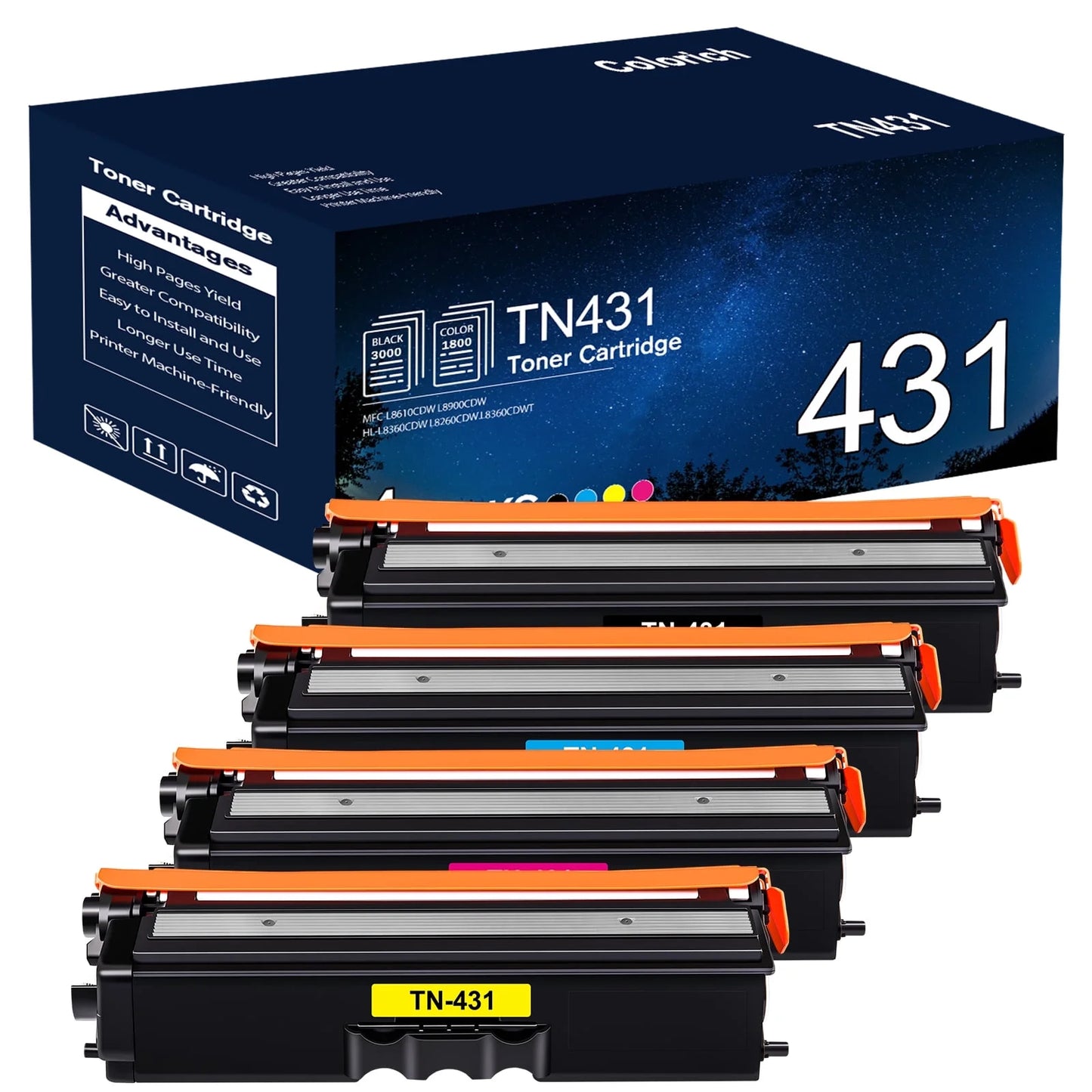 TN431 High Yied Toner Cartridge Compatible for Brother TN431 TN433 TN436 HL-L8360CDW MFC-L8900CDW HL-L8260CDW L8360CDWT MFC-L8610CDW Printer Ink (KCMY, 4-Pack)