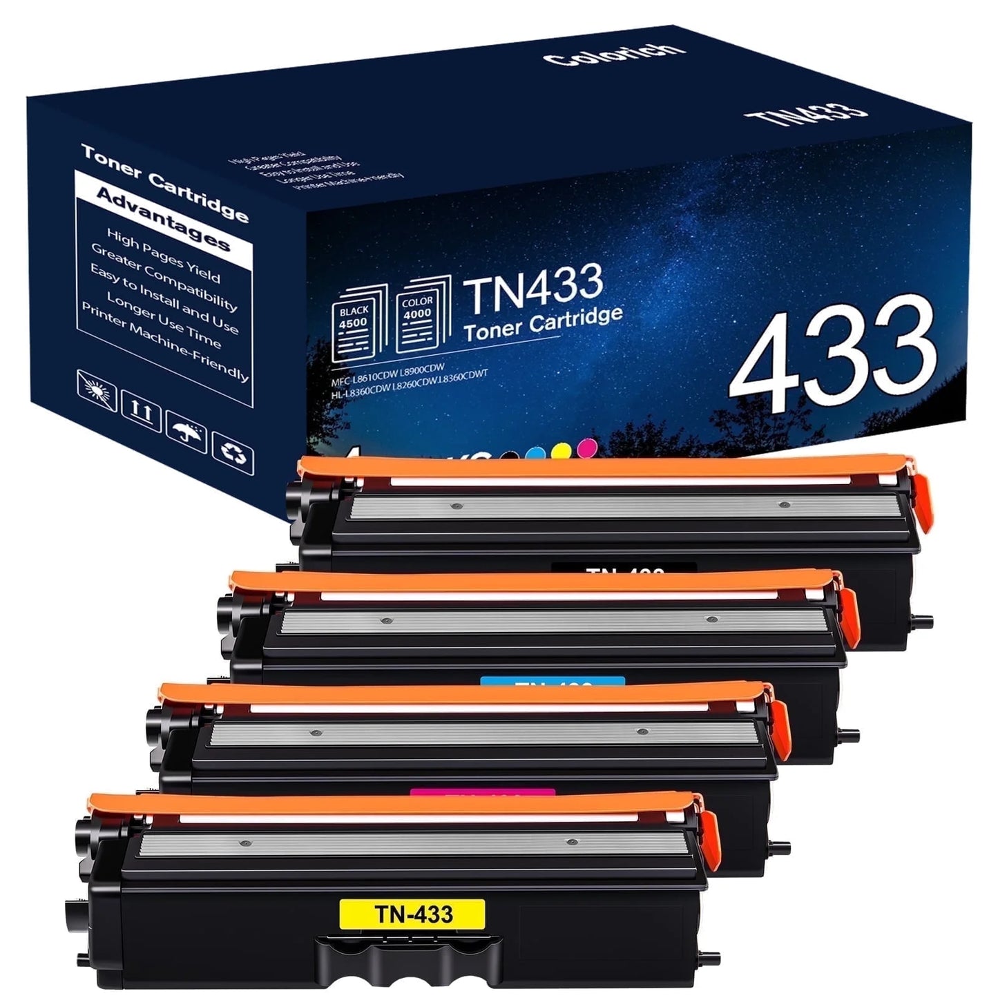 TN433 Toner Cartridge High Yield Compatible for Brother TN433 TN436 TN431 MFC-L8900CDW for Brother HL-L8360CDW MFC-L8610CDW HL-8260CDW L8360CDWT Printer (Black Cyan Yellow Magenta, 4-Pack)