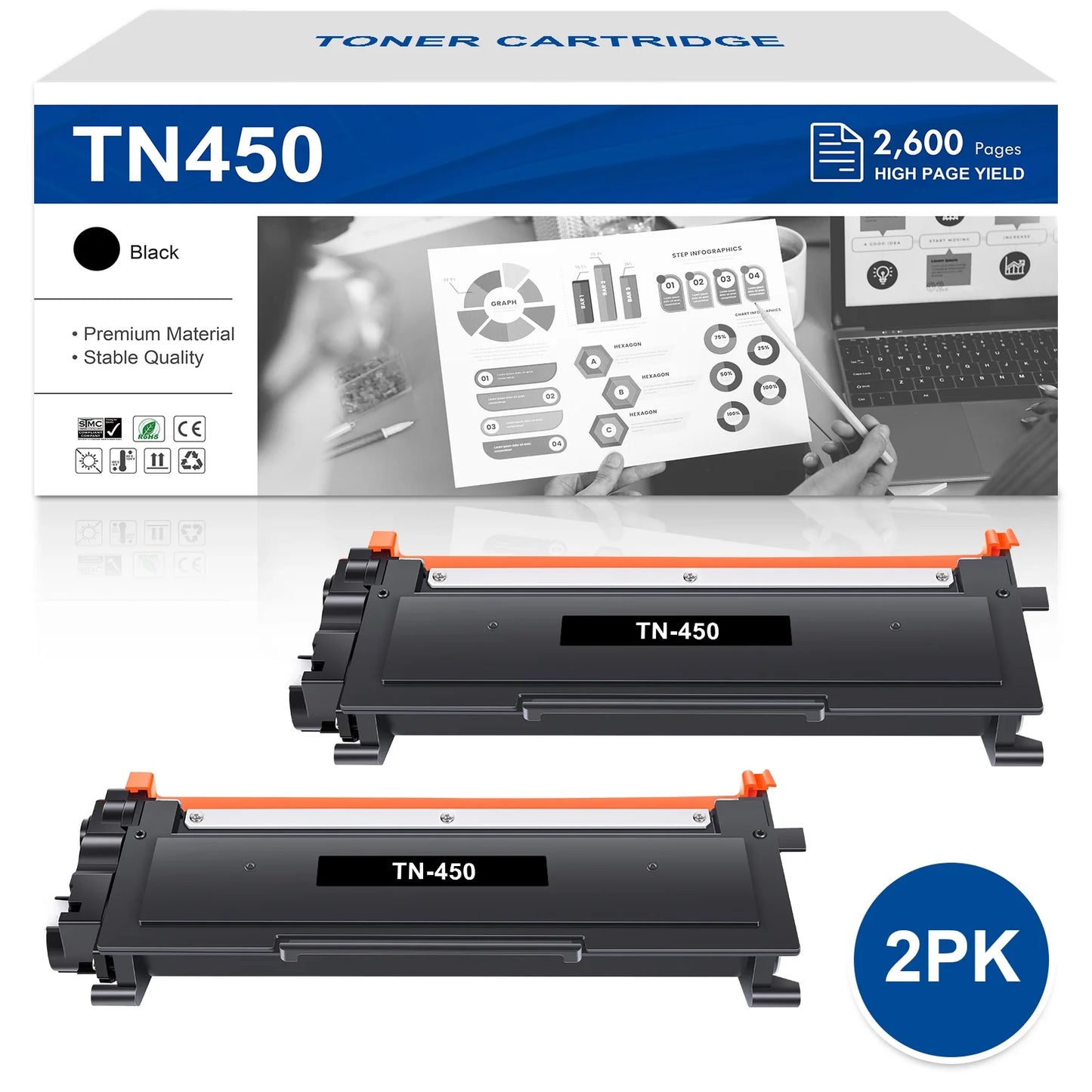 TN450 Toner Cartridges Compatible for Brother TN-450 TN420 TN 420 HL-2270DW HL-2280DW DCP-7065DN MFC-7360N MFC-7860DW HL-2240D DCP-7060D MFC7460DN MFC7240 Printer High Yield (2-Pack, Black)