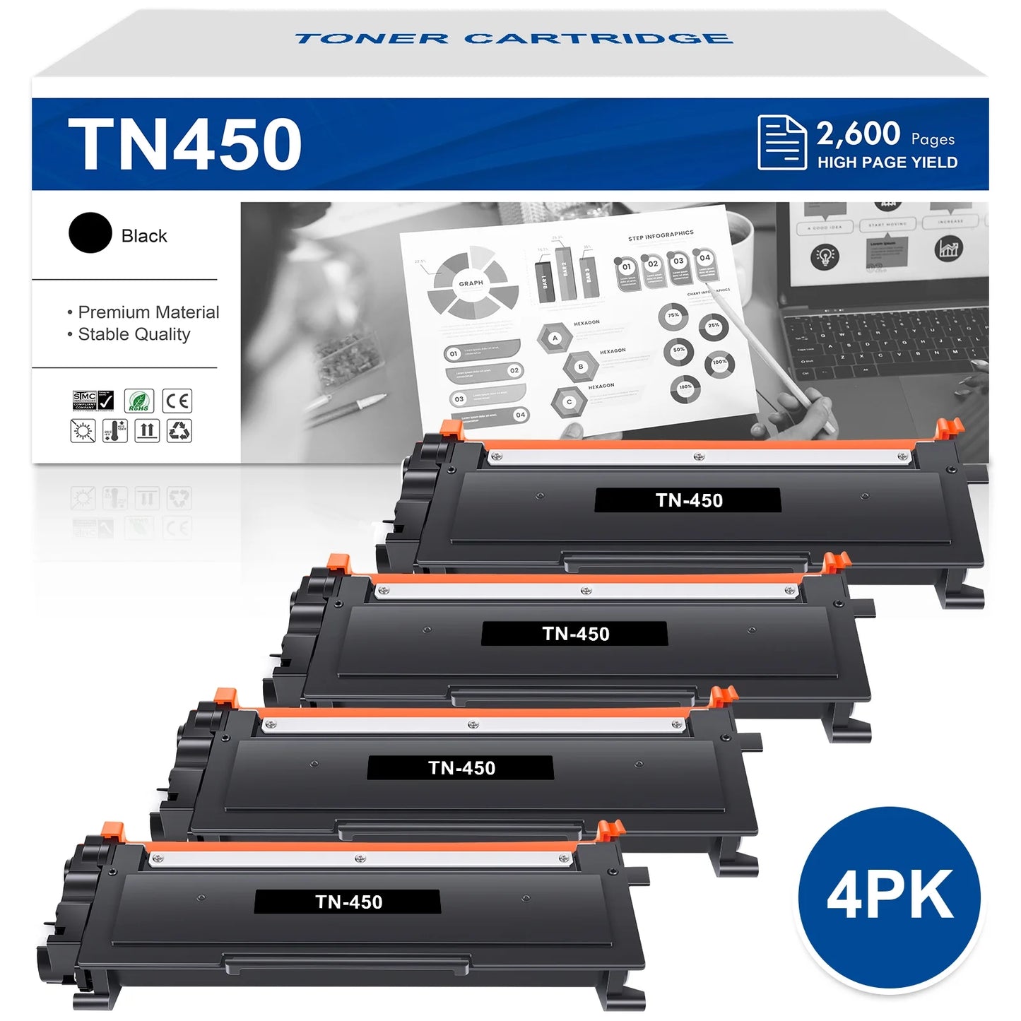 TN450 Black Toner Cartridge High Yield Compatible for Brother TN450 TN420 HL-2240 2270dw HL-2280DW MFC-7360 7460DN 7860DW DCP-7060 7070DW 7065DN Printer 4-Pack