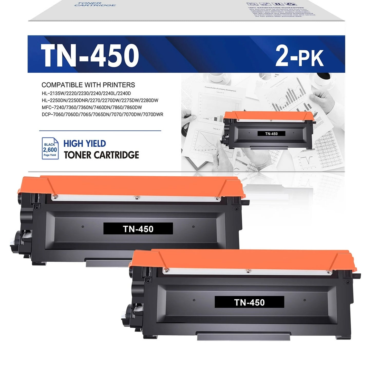 TN450 Toner Cartridges 2-Pack High Yield Replacement for Brother TN450 TN-450 TN420 TN-420 HL-2270DW HL-2280DW DCP-7065DN MFC-7360N MFC-7860DW HL-2240D DCP-7060D MFC7460DN MFC7240 Printer (Black)