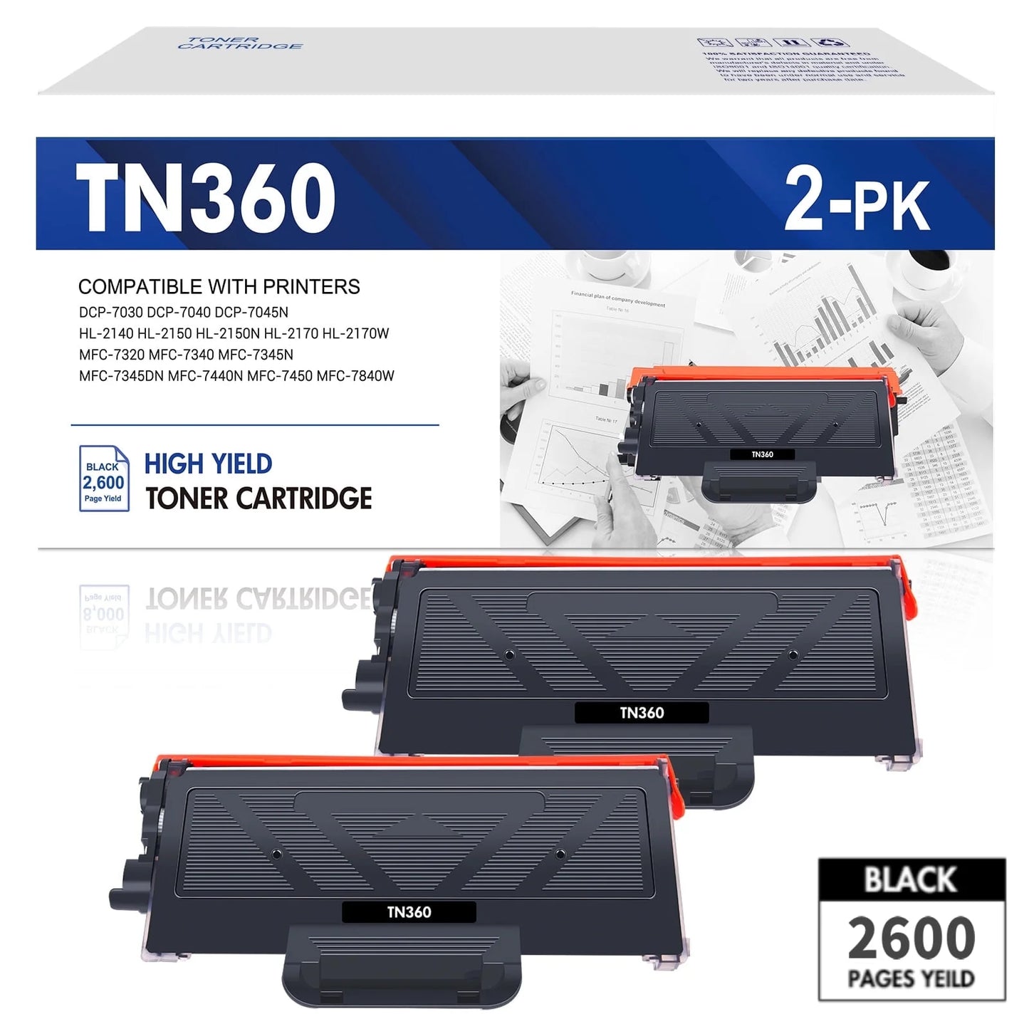 TN360 2-Pack High Yield Toner Cartridge Compatible for Brother TN360 TN-360 TN330 TN-330 to use with HL-2140 HL-2170W MFC-7840W MFC-7340 MFC-7440N MFC-7345N DCP-7030 DCP-7040 Printer Ink