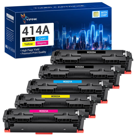 5-Pack 414A Toner Cartridge with Chip Compatible for HP W2020A 414A W2020X 414X Laserjet Pro MFP M479fdw M454dw M479fdn M454dn M479 Laser Printer Ink, 2x Black, Cyan, Magenta, Yellow