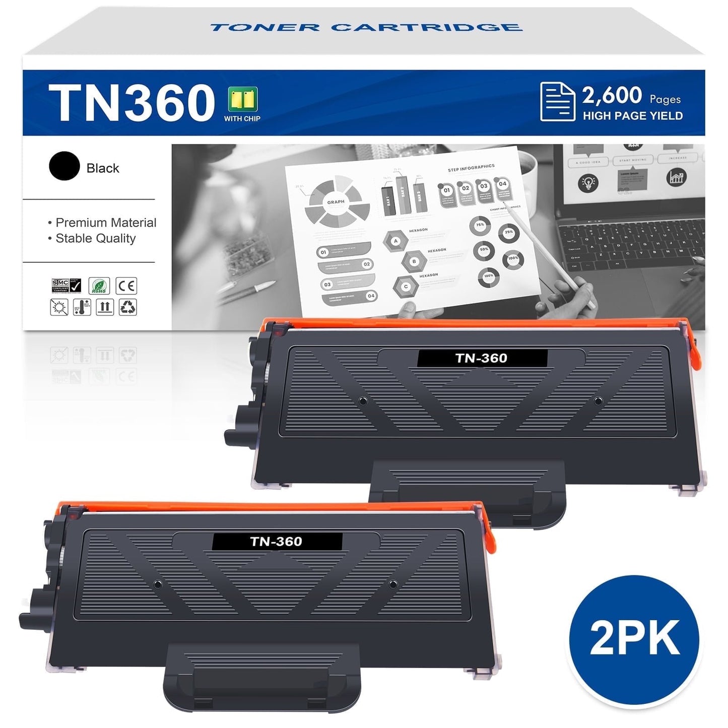 TN360 Toner Cartridge Compatible for Brother TN-360 TN360 HL-2140 HL-2150 HL-2170, DCP-7030 DCP-7040 DCP-7045N MFC-7320 Printer (Black, 2-Pack)
