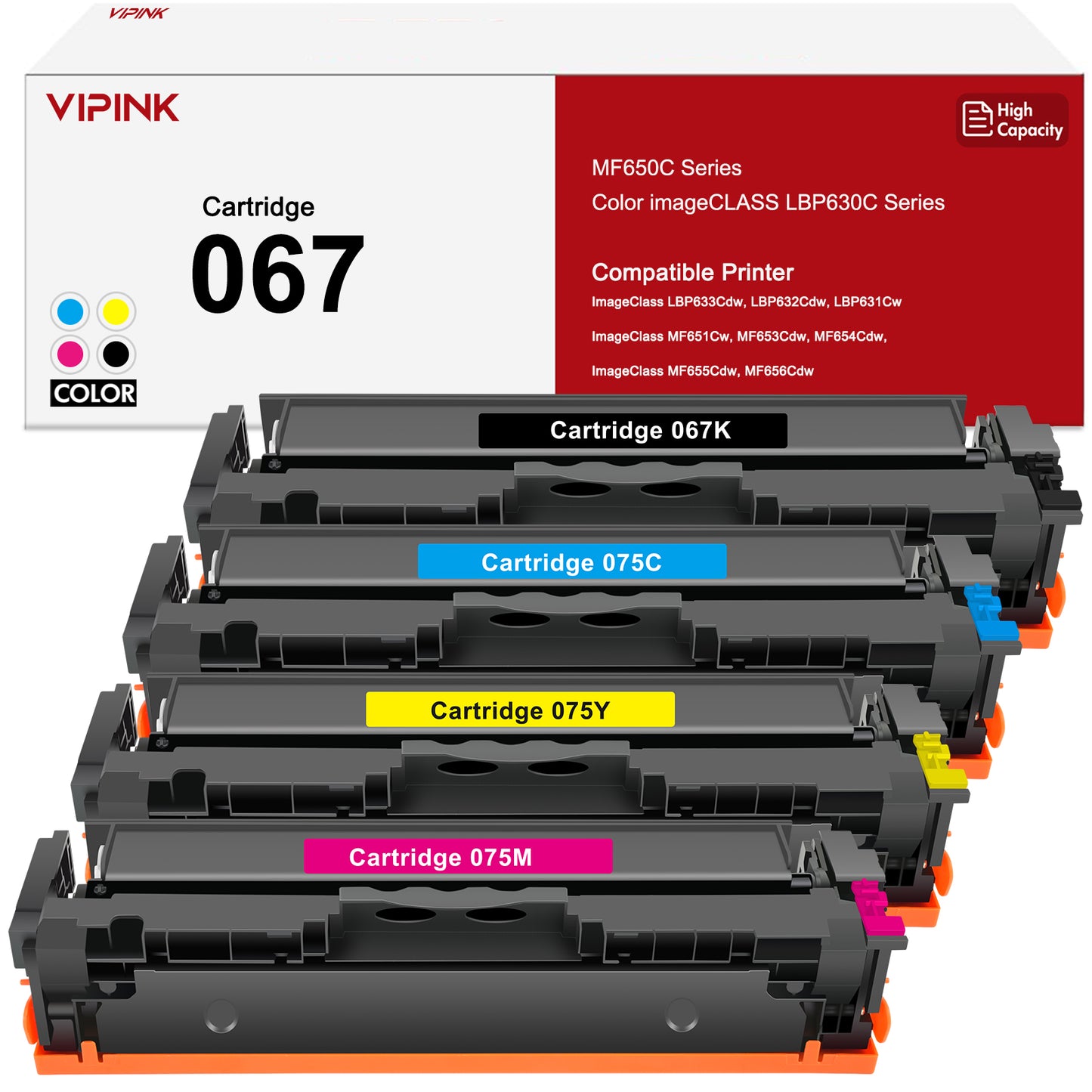 VIPINK Compatible for Canon 067 067H CRG-067 Toner Cartidge Canon ImageCLASS MF656Cdw LBP632Cdw MF653Cdw LBP633Cdw MF654Cdw MF650 LBP630 Series Printer 4-Pack (Black Cyan Yellow Magenta)