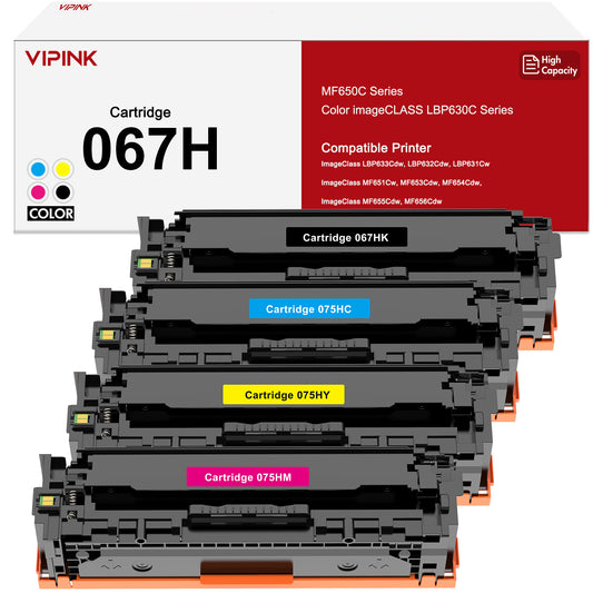 VIPINK Compatible for Canon 067H 067 CRG-067H Toner Cartidge Canon ImageCLASS MF656Cdw LBP632Cdw MF653Cdw LBP633Cdw MF654Cdw MF650 LBP630 High Yield Printer Ink 4-Pack (Black Cyan Yellow Magenta)