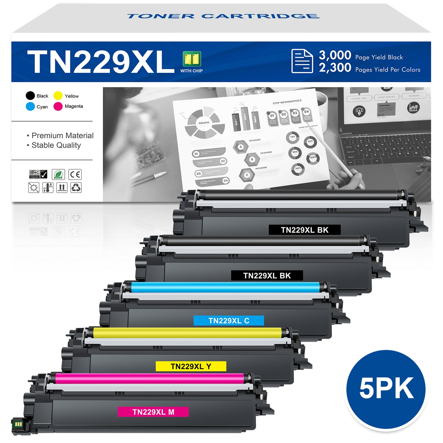Vipink Compatible for Brother TN229XL TN-229XL TN229 Toner Cartridge High Yield MFC-L3780CDW MFC-L3720CDW HL-L3280CDW HL-L3220CDW HL-L3300CDW Printers (TN-229XLBK/C/M/Y,5-Pack)
