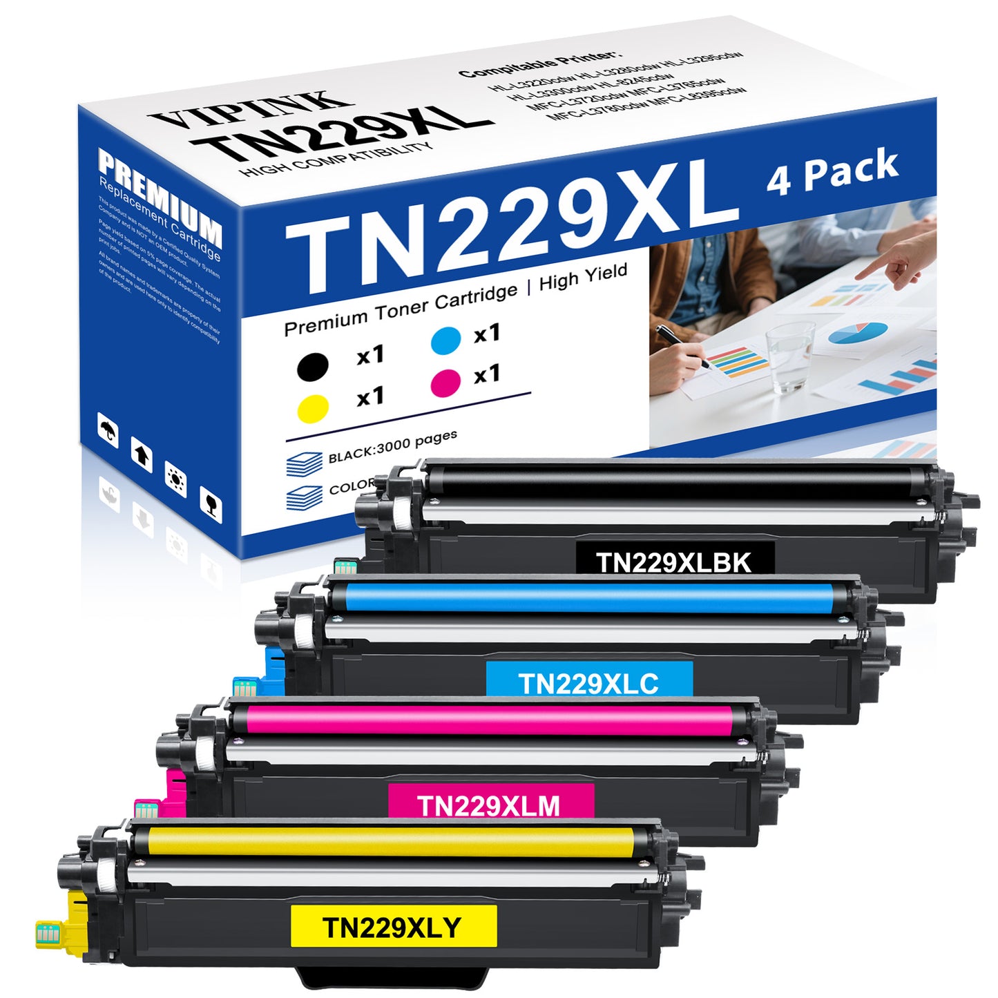 TN229XL Toner Cartridge Compatible for Brother TN229XL TN229 TN-229XL TN-229 for HL-L3280CDW HL-L3220CDW MFC-L3720CDW MFC-L3780CDW HL-L3300CDW Printer (BK/C/M/Y, 4-Pack)