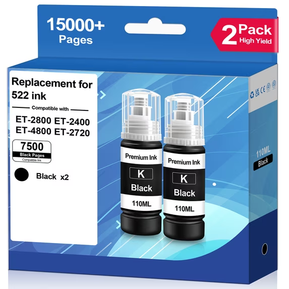 522 Ink Refill Bottles Compatible for Epson T522 522 Black Ink Bottles for Epson ET-2800 2400 2720 2803 2840 4700 4800 4810 Printer (2-Black)