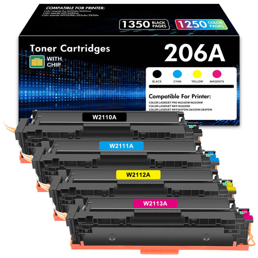 206A Toner Cartridge With Chip Compatible for HP 206A 206X W2110A W2110X Color LaserJet Pro MFP M283fdw M283cdw M255dw M283fdn M282nw M283 M255 Series Printer Ink (Black Cyan Magenta Yellow 4-Pack)